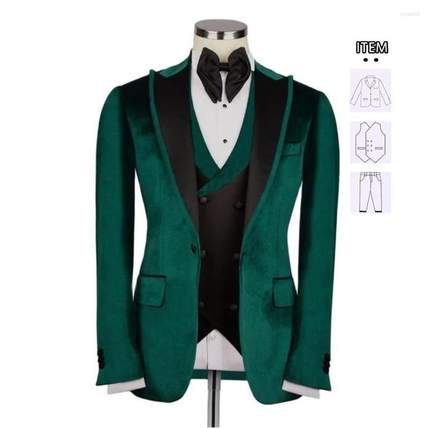 Herrenanzüge Grüne Männer plus Größe formeller Hochzeitsbräutigam Kleidung Tuxedo Freund 3 Stück Velvet Jacke Weste Hosen Schneidert Traje Hombre