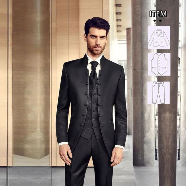 Ternos masculinos Menina de moda negra Stand Collar Blazer Groom vestido de festa Vestido de festa elegante smoking Tuxedo 3 peças fantasia homme derramar mariage