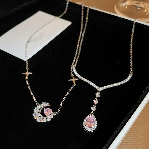 Anhänger Halskette Mengjiqiao Korean süßer zartes rosa Herz Zirkon Halskette für Frauen Mädchen Moon Waterdrop Party Schmuck Geschenke