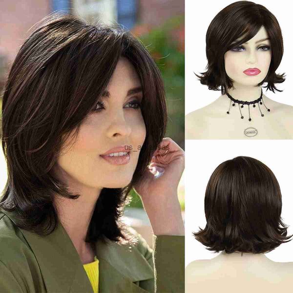 Perucas sintéticas gnimegil sintéticas perucas marrons para mulher branca peruca curta curta com franja lateral mix peruchete para idosos mulheres velhas senhora wig hkd230818