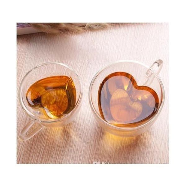 Weingläser 180 ml/240 ml Herz Liebe geformte Tee Bier Tasse Juice Tasse Kaffeetassen Geschenk Doppelwandglas Hitze-resistierendes Getränk RR6WP OT5MD