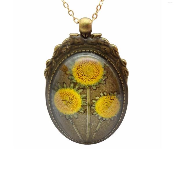 Anhänger Halskette Sonnenblume Helianthus Real Blumen Gold Farbkette Lange Halskette Frauen Boho Mode Schmuck Bohemian Vintage Handmade