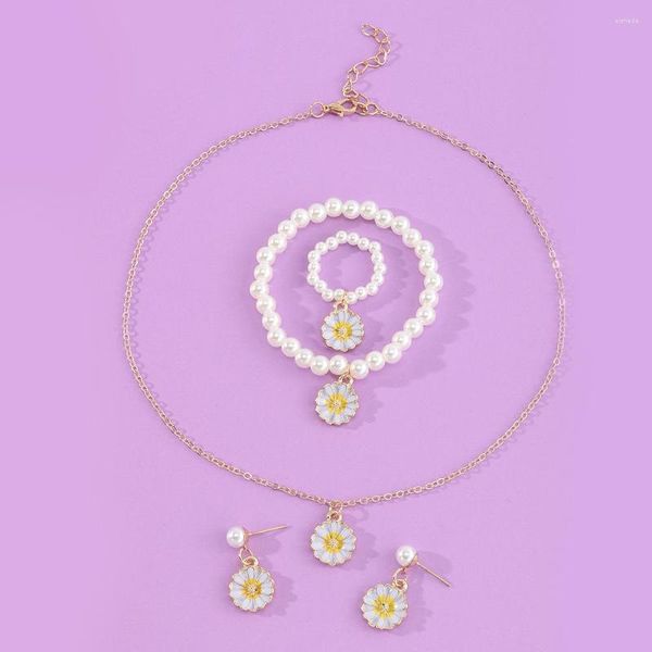 Halskette Ohrringe Set Korean süße Blumen Daisy Armbänder Fashion Perle Elastic Armband für Frauen Schmuck Tropfen