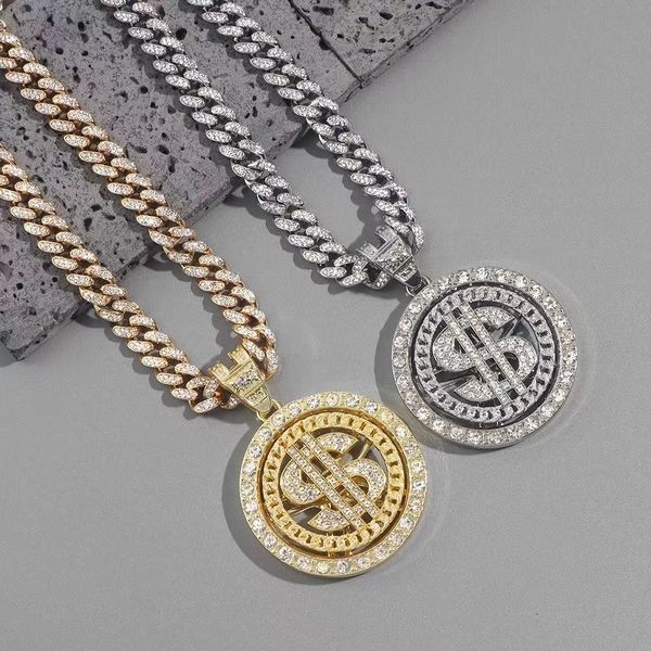 Ciondolo grande girevole in dollaro statunitense hip-hop con diamanti pieni di diamanti Collana a catena cubana Accessori hiphop americani di moda maschile di fascia alta