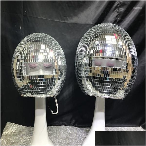 Украшение вечеринки KS87 носит Sier Mirror DJ Helmet Bar Dance Costums Headsiece Glass Ball Clothe светодиод