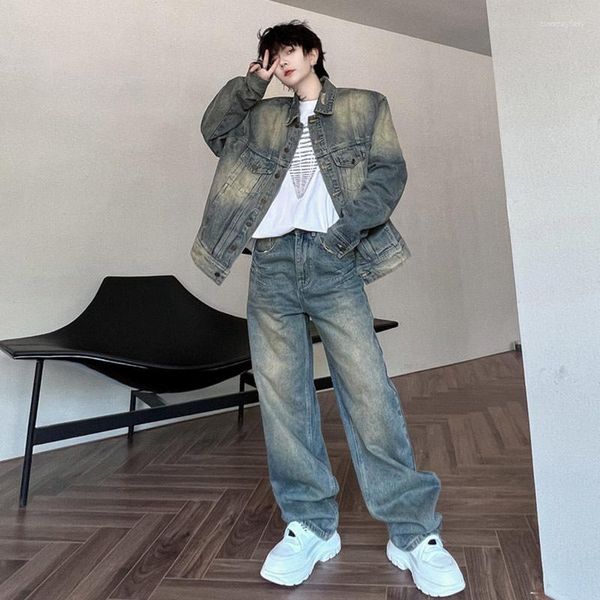 Traccetti da uomo Syuhgfa Giacca in jeans vintage Trend a due pezzi luminosi jeans larghi gradiente dritto pantalone dritto in stile coreano abbigliamento elegante