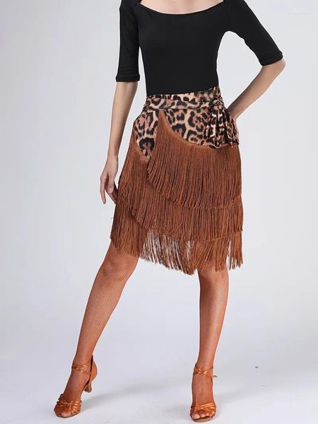 Bühnenbekleidung Mode Leopard Print Hüfte Wickelschalel Rock Stretchige asymmetrische Quaste Latin Tango Tanz Ballsaal Kurz Frauen ActiveW w