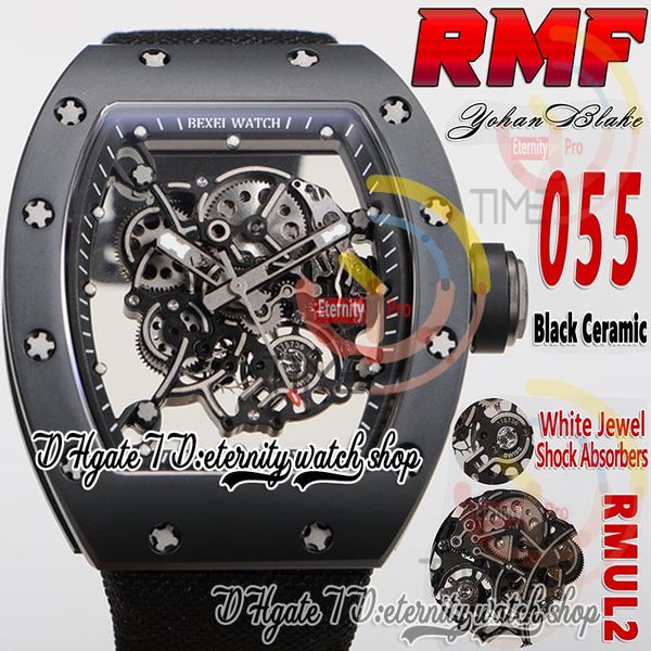 RMF 055 Mens Watch Rmul2 Механический складывающий ручной керамический корпус серый песок скелетон Dial Black Inner Ring Nylon Leather Band Super Edition Eternity Watches