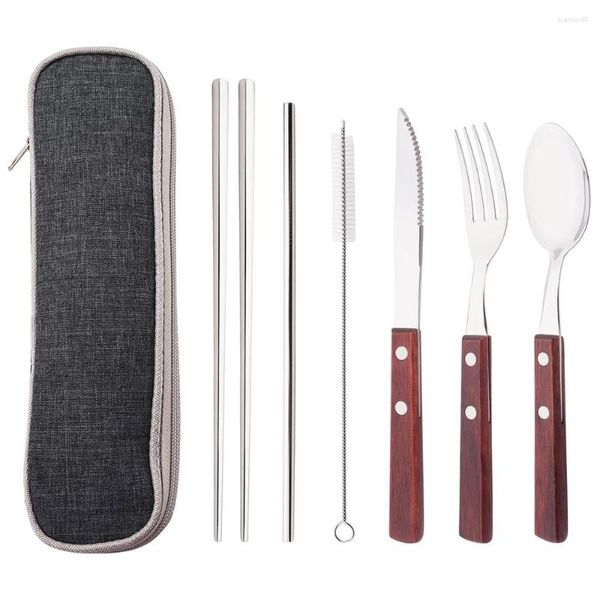 Conjuntos de utensílios de jantar 7pcs portátil de talheres de aço inoxidável 304 com bolsa de armazenamento faca de faca de faca de faca conjunto de tableware