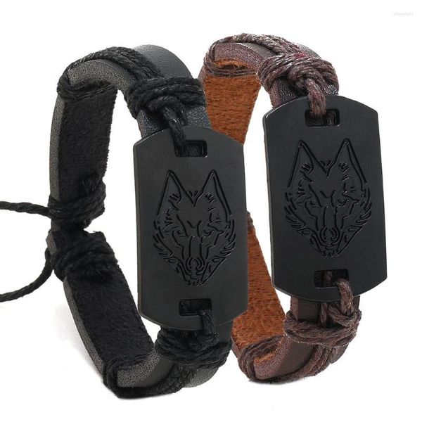 Pulseiras de charme pulseira de couro retrô de homens forma de lobo em acessórios ajustáveis ​​de metal preto metal preto