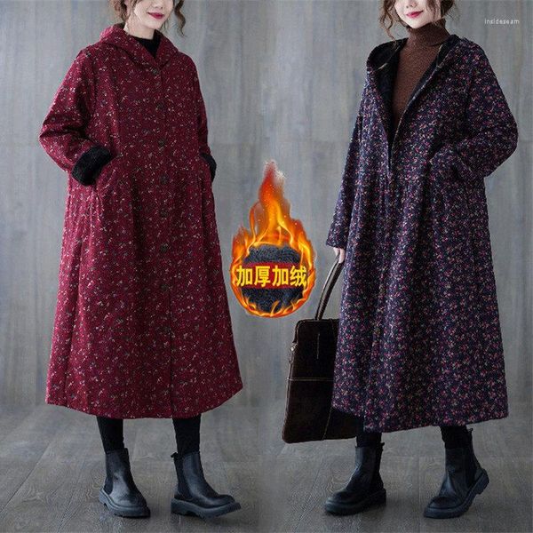 Trench femminili da donna Fleece Fleece Autunno e Giacca in lino in cotone invernale piccolo floreale più velluto con cappuccio con cappuccio calda cappotto a vento Long