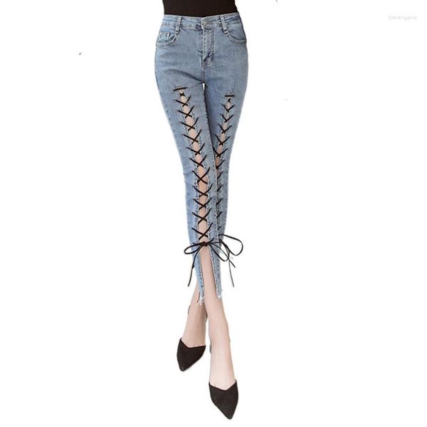 Jeans feminino S-XL Mulheres Moda de verão Hollow Out Cross Strap Bandage Calça Lápis Sexy 2023 Lace Up Hole Tight Bezerro Comprimento