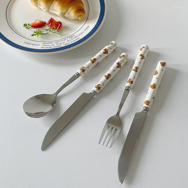Обеденный посуда наборы милые узоры медведя набор из нержавеющей стали нож для ножа вилка ложка сохранная прибора студент керамическая ручка столовых приборов