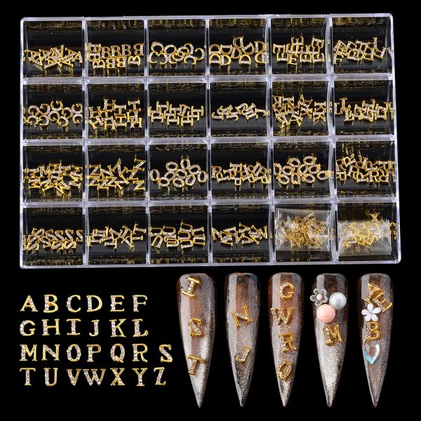 Decorações de arte na unha 260pcs letras encantos de unhas kit de ouro/prata/rose metal designer jóias de unhas alfabeto 3d unhas diamantes decorações 230818