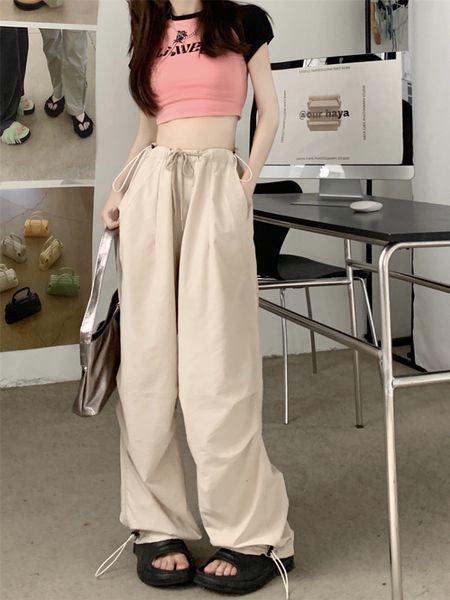 Calça feminina s Deeptown y2k estético bege para calça de pára -quedas de pára -quedas da calça coreana de tamanho grande de tamanho largo
