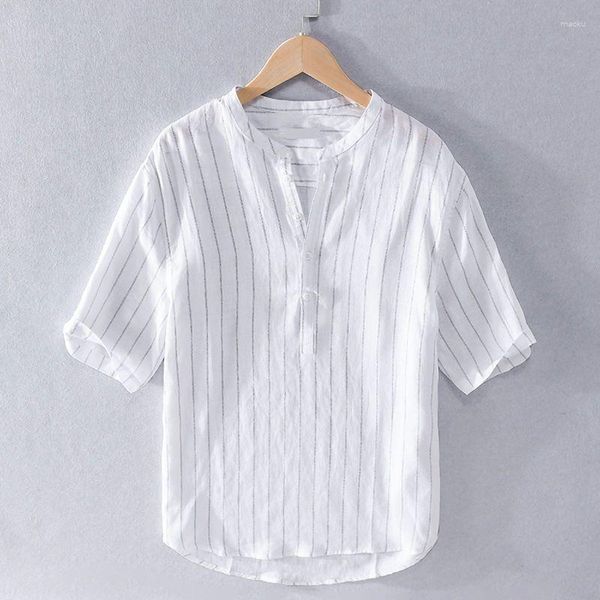 Camicie casual da uomo Summer Striped in piedi camicia a maniche corte per uomini giapponese fresco e traspirante