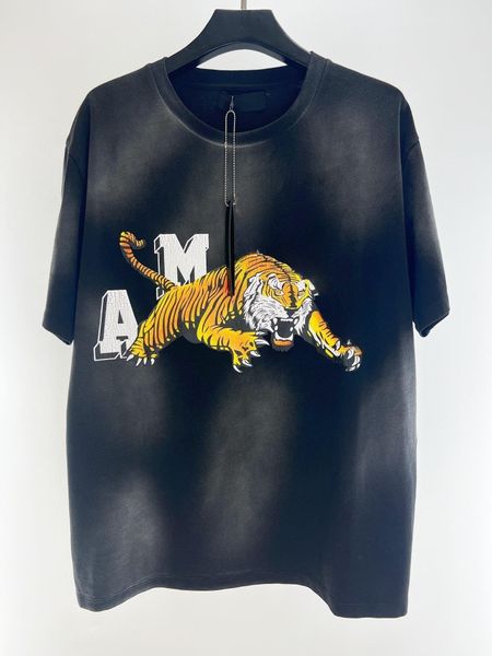 S5 Erkek Tasarımcı Kadın Tees Luxurys Amiiri Amirly Tasarımcılar T-Shirts Saf Pamuk Boya Vintage Tiger Amari Amirl Amirs Tee Baskı Erkekler Günlük Kısa Kol Sokak FR