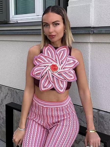 Serbatoi da donna Flower Crop Top Women Whow -Out Woman Summer Chic Tops 2023 O Neck Female senza maniche vintage femmina