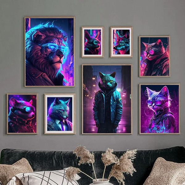 Canvas pintando cyberpunk gato cão leão raposa neon animais leves poster nórdico arte impressão de arte para a sala de estar club de barra de decoração sem moldura wo6