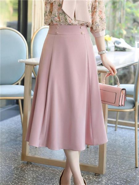 Röcke Chic Women A-Line Rock 2023 in rosa weiß koreanischer Mode hoher Taille Midi Elegant Formal Office Dame Sommer