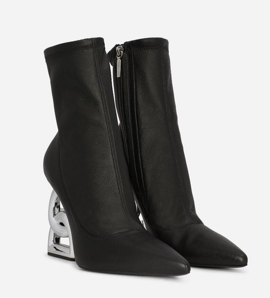 Зимний элегантный бренд Keira Angle Boots Zip Women Booties Pop скульптурные каблуки Черная растяжка кожаная кожаная лужа