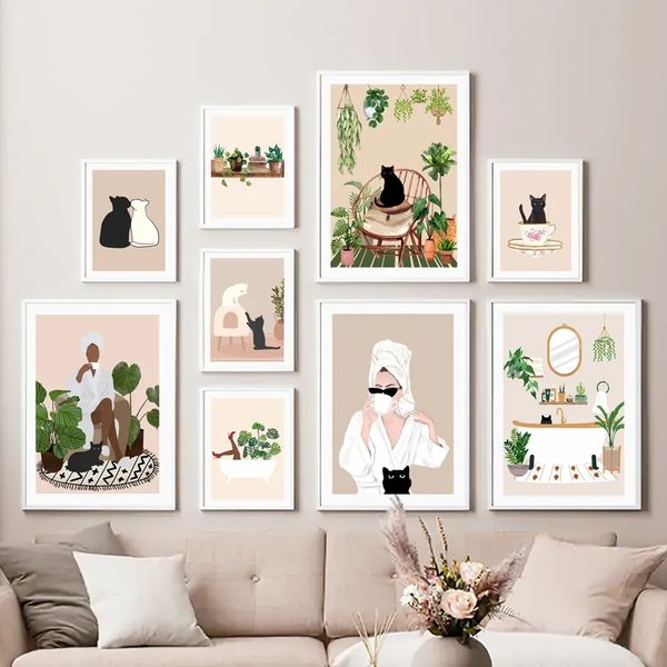 Grüne Pflanzen und Katze Leinwand Malerei Frau Kaffee Beige Plakate und Drucke Wandkunst nordische Stil Bilder wohnzimmer Mädchen Schlafzimmer Dekor kein Rahmen wo6