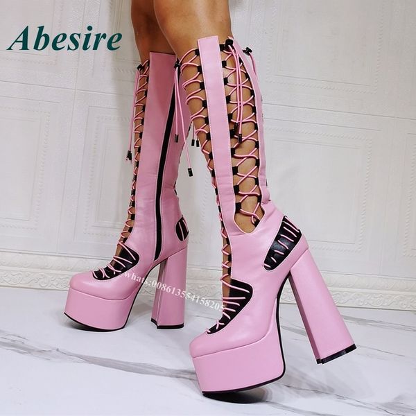 Stiefel rosa Plattform y Absatz Sandalen runden Zehen ausschneiden Zip Frauen Sandalen Knie High Leder Party Night Club Schuhe 230818