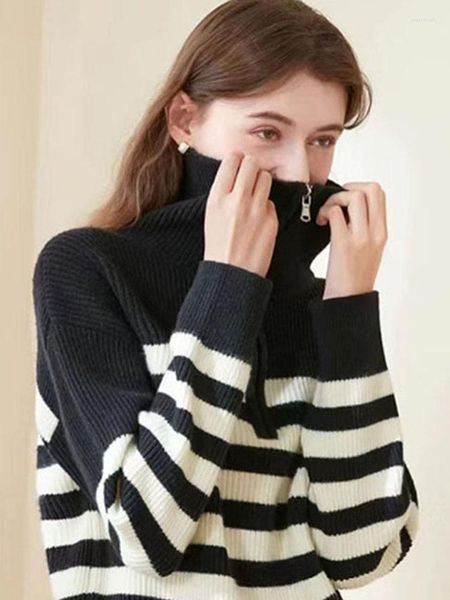 Camisolas femininas 2023 mulheres vintage listras suéter casual suéter pólo pescoço marinho de manga longa feminino
