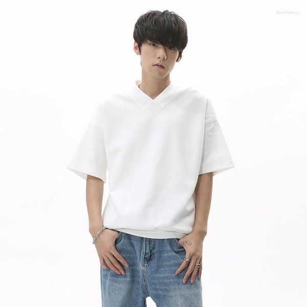 Мужские рубашки T Syuhgfa Корейский стиль свободный футболка мода V-образное лето Summer Simple Color Tie Tee 2023 Мужской пуловер