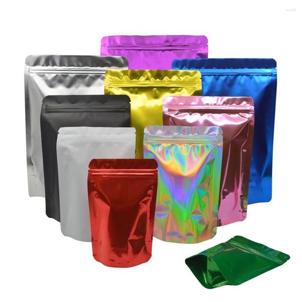 Aufbewahrungstaschen 100pcs glänzende Aluminiumfolie Stand Up Bag Grip Seal Tränen Kerbe doyPack Food Snack Candy Schokoladenpackungstasche