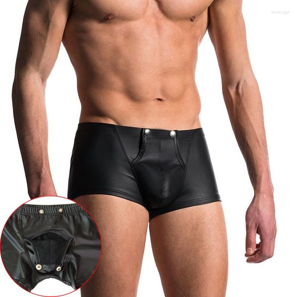 Сексуальные банки сексуальные открытые передние фальшивые кожаные шорты для боксеров для мужчины Bulge Mucker Boxers Мужские боксеры.