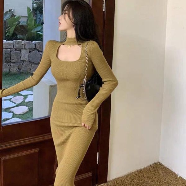 Günlük elbiseler kadın moda ince parti elbise kadın uzun kollu örme bayanlar sıska vintage süveter düz g163