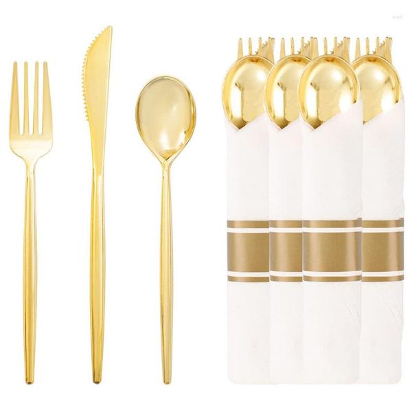 Geschirrssätze 2Sets Einweg vor gerolltes Servietten -Besteckset Wicked Silberware Gold Plastik Tabelle für die Partyhochzeit