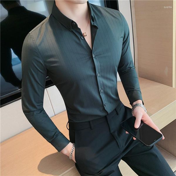 Erkekler Sıradan Gömlekler 5 Madler Sonbahar Uzun Kollu Erkekler için Çizgili 2023 İş Formal Giyim İnce Fit Office Bluz Homme 4xl