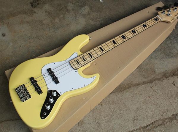 Gitar 4string sarı elektrikli caz bas gitar siyah kakma ve krom donanım, beyaz pickguard, özelleştirilmiş sunum