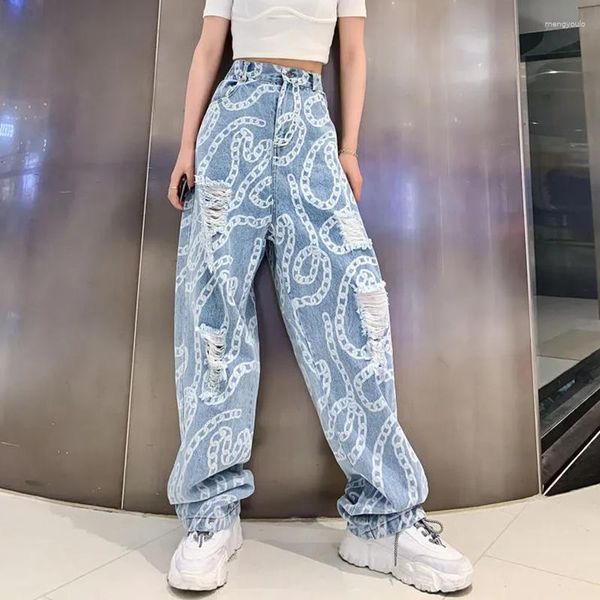 Jeans femminile dipinte dipinte in alto in vita con i pantaloni gamba larga stile stile stile lady mop mop pantaloni in denim