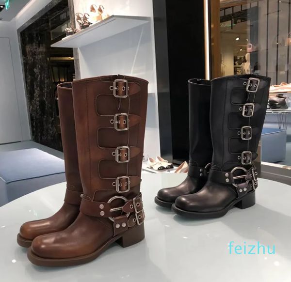 BOTAS DE CAPOS DE CAPO DE CAPO DE CAPOS DE ANO JOTOS LONGO BENIA BENDO BUCKL BOTAS DE MOTORAÇÃO FEMLIMANTE FELIORIA FELIONAL SAPATOS DE LUZULO DE LUZUGA BOOTS FATORY calçados com caixa