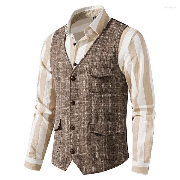 Herrenwesten 2023 Herrenjacke Vintage Anzug Weste Tweed Männer regelmäßig Fit Weste für Hochzeitsbräutigams Casual Ärmelessen und