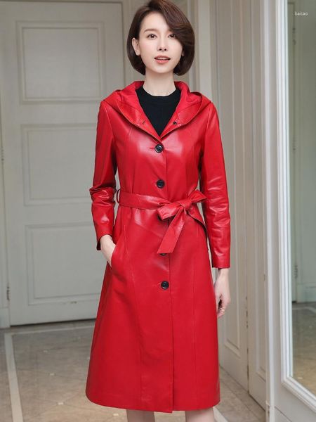 Jaqueta de couro feminina Real Sheepskin Coat fêmea fêmea genuína casacos e jaquetas longas fêmeas as mulheres com capuz coreano outw2023