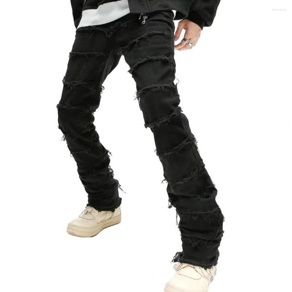 Herren Jeans Burr Edge Schwarze Streetwear Ripped Denimhose Schlankes Fit gerade Bein Hip Hop Hosen Mitte-Rise