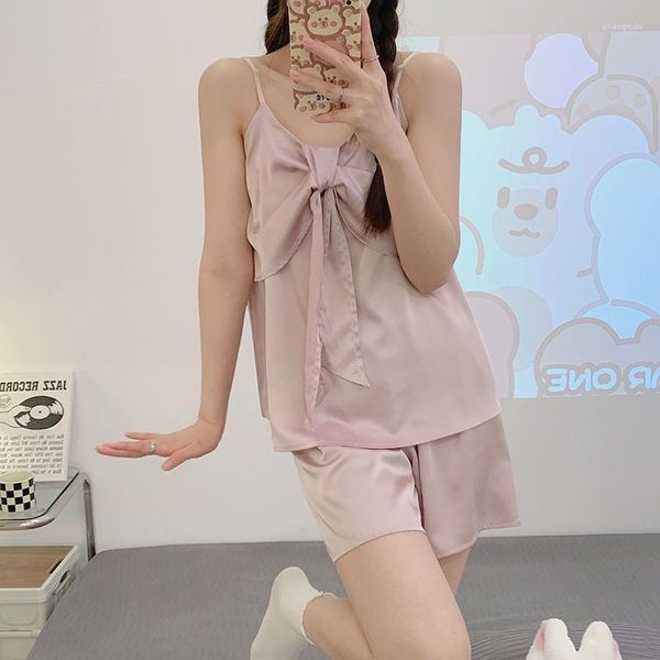 Frauen Nachtwäsche 2023 Sommer Ärmele sexy gegen Neck -Pyjamas Sets für schlafende Frauen koreanischer Luxus Bogen süßer Hausanzug Nacht tragen Gir