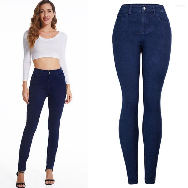 Женские джинсы маленькая нога темно -синяя тонкая средняя талия для джинсовых брюк карандаша