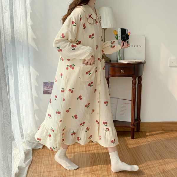 Vestido de gaze de algodão de grande porte solta vestido de pijama de mangas compridas na primavera e vestido de verão vestido de maternidade estilo cereja