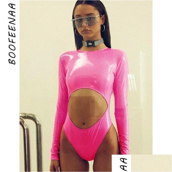 Macacões femininos Rompers boofeenaa Sexy Pink PU Couro Longo Mulheres Mulheres Hold Hollow Out Bodysuits Festival Party C Dhrjx