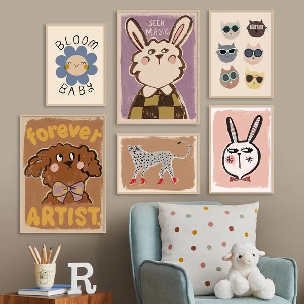 Rabbit Dog Panda Gato Cato Leopardo Mouse Cartoon Pádico Estilo Animal Pintura Pintura de Arte De Parede Cor Planta e pôsteres de flores Impressões de parede Pictures Baby Kids Room Decor Wo6