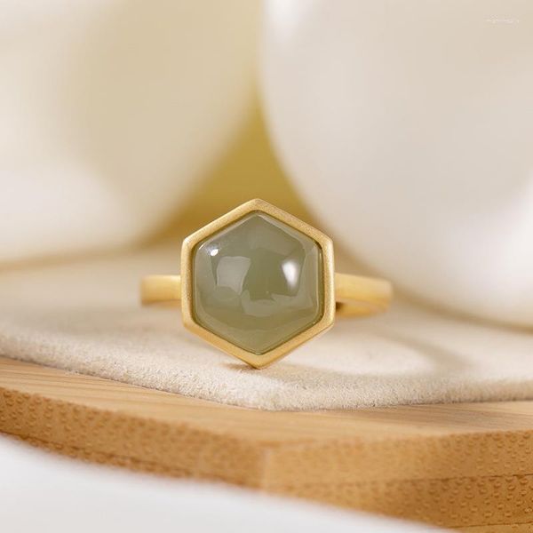 Anelli a cluster Naturale Giade Geometrica Apertura Ring Regolabile Retro Bohémien Eleganti e lussuose gioielli da donna