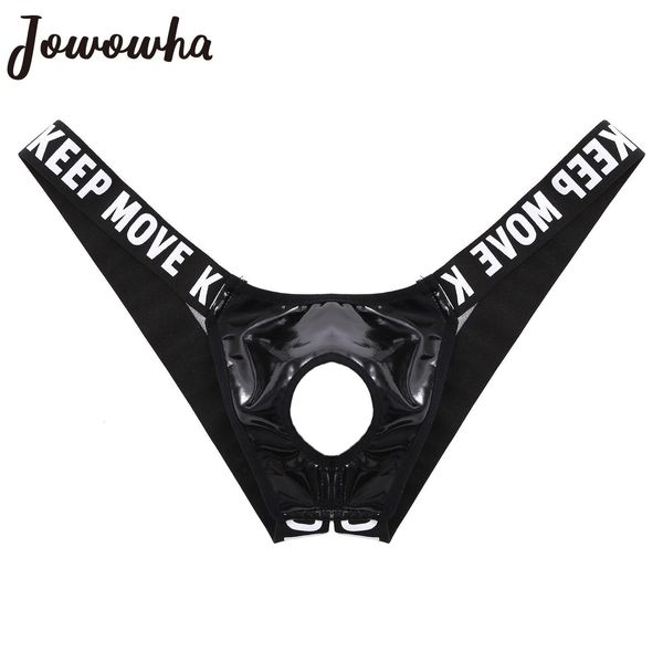 Slievi mutandine maschile in pelle sexy in pelle lingerie svuotatore di rigonfia di bulge mutandine in latex jockstrap a back-back lettere cerata per le porte della cintura in bianco 230818