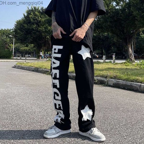 Calça masculina Y2K High Street Letter Five Point Star Patch Jeans Men's Hip Hop Street Fried Streets Straight Tidal Brand Letter Design Pants Z230819