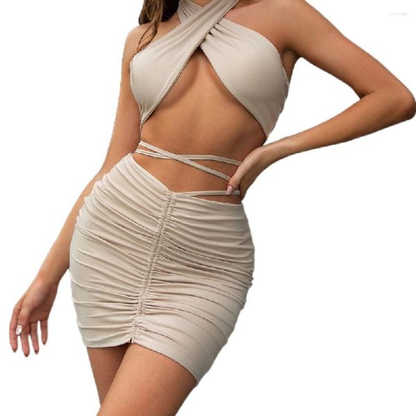 Abiti da lavoro 2023 Summer European and American Sexy Lace Up Neck Appeding Women's Pieted Wrapping Hip Open Skirt Set