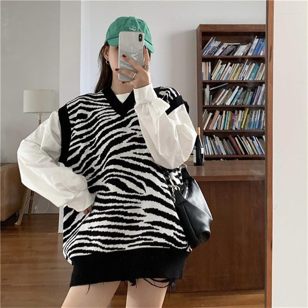 Coleta feminina Goleta listrada de zebra para fêmea de outono coreano vintage solto solto em v malha sem mangas Coloque blusa de inverno 2023